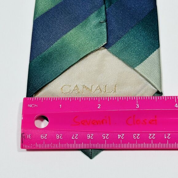 CANALI Necktie Tie Silk Blue Green Tan Stripe Italy EUC - Picture 6 of 8